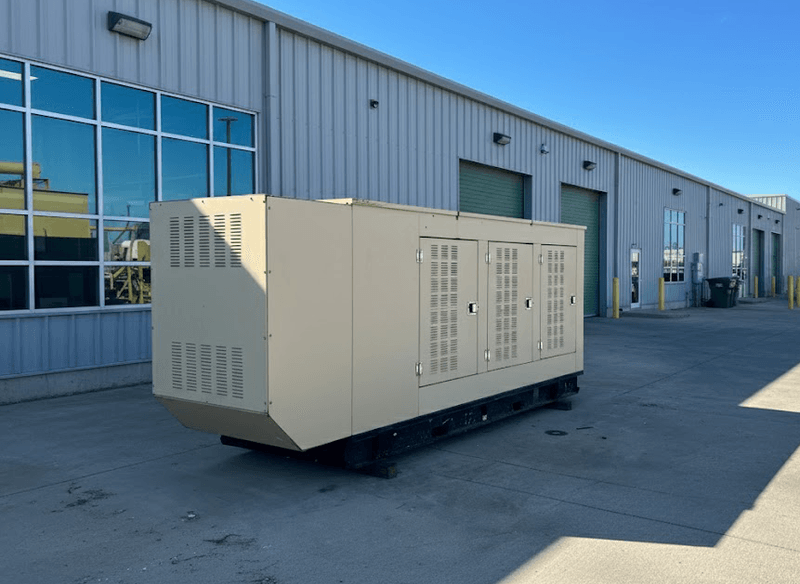 A used standby generator on a skid outside the PTS Rentals shop